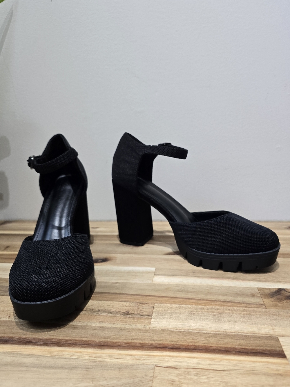 Black Ankle-Strap Chunky Block Heel Pumps with Lug Sole